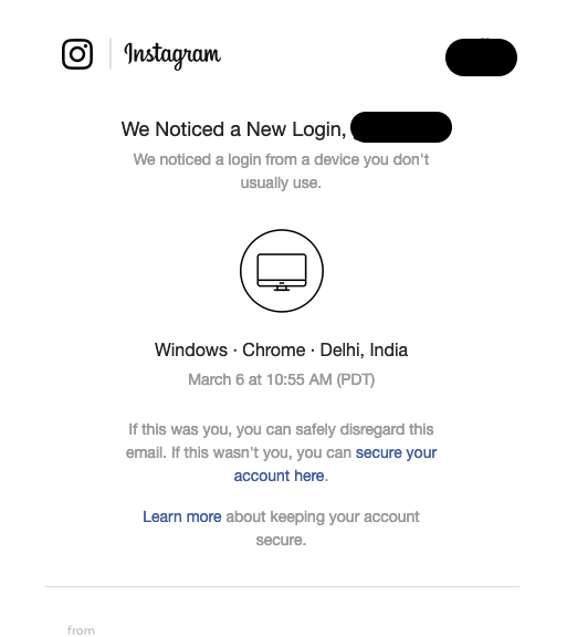 The first email that showed someone has logged into my Instagram account in ...New Delhi