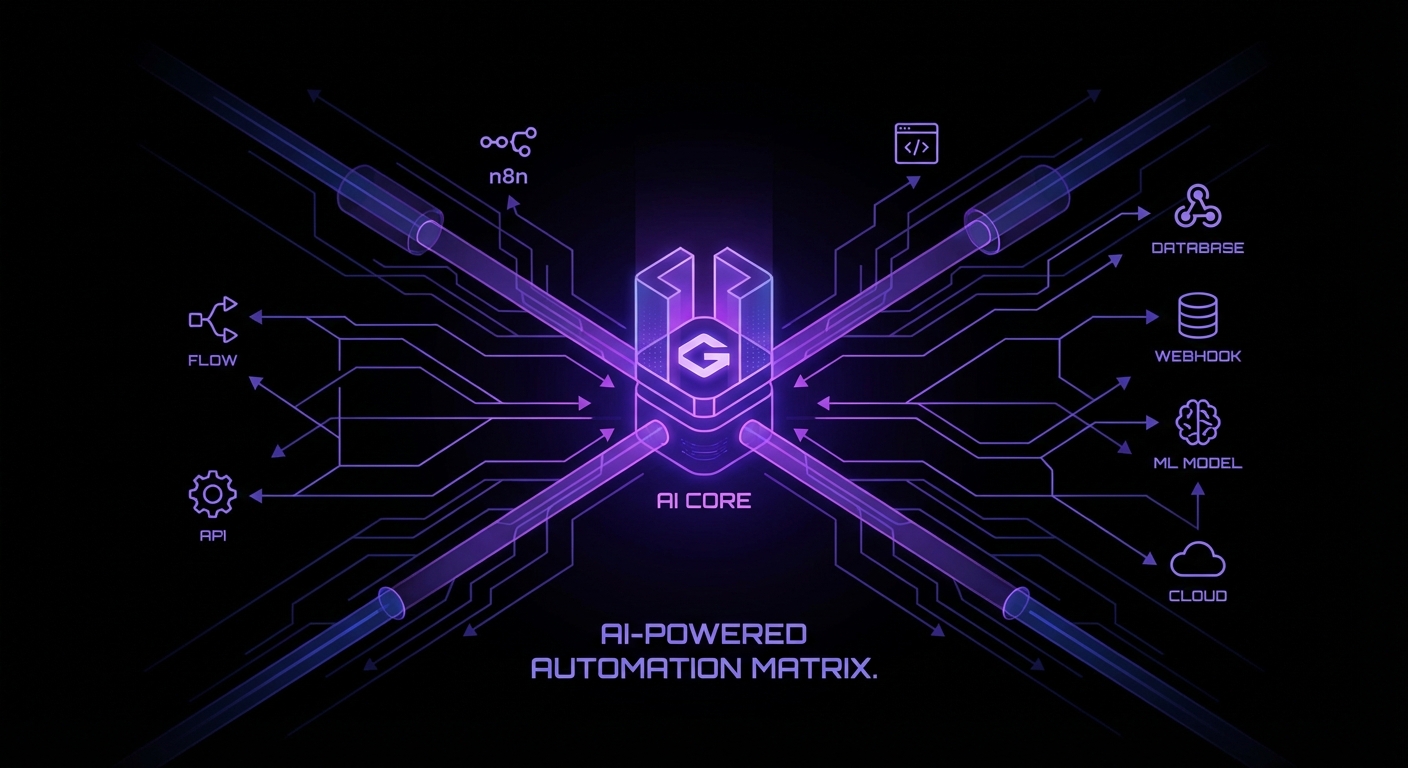 cover: Editorial tech vector art, minimalist, cyber punk, dark mode aesthetic. A centralized glowing AI core resembling Gemini connecting to various digital nodes and pipes representing n8n automation workflows. Neon violet and deep blue accents on a pitch-black background. Sharp geometric lines, clean composition, and high-tech abstract interface elements.