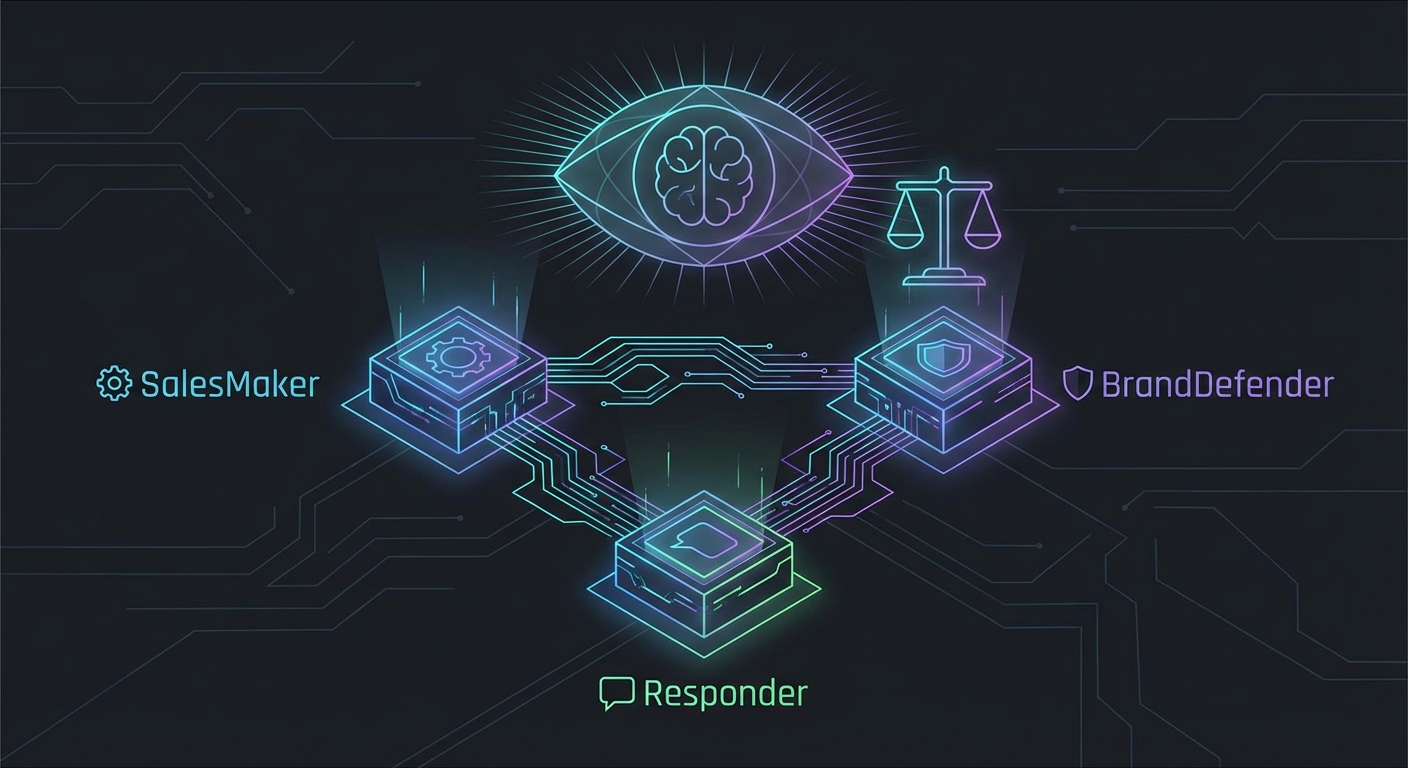 cover: Editorial tech vector art, minimalist, cyber punk, dark mode aesthetic. Three distinct glowing digital nodes titled SalesMaker, BrandDefender, and Responder connected by intricate data streams. A dark charcoal background with neon cyan and violet accents. Geometric shapes representing artificial intelligence oversight and ethical balance. High contrast, sleek professional illustration.