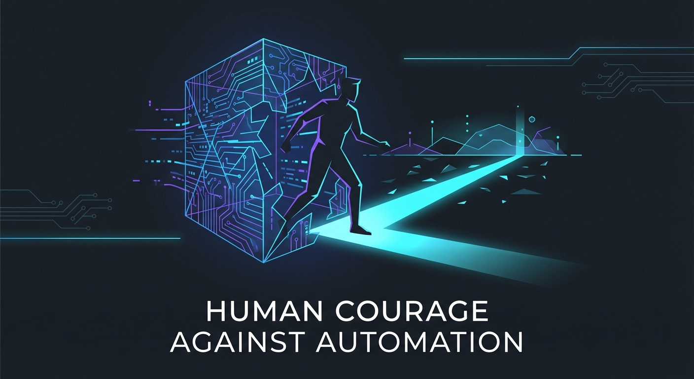 cover: Editorial tech vector art, minimalist, cyber punk, dark mode aesthetic. A minimalist human silhouette breaking out of a geometric prison made of glowing circuitry patterns. The figure is stepping onto a bridge of light toward a distant, abstract horizon. Color palette: deep charcoal, neon cyan, and sharp violet accents. Flat design, clean lines, high contrast, representing human courage against automation.