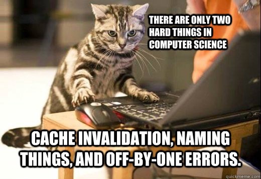 There are only 2 hard things in CS: cache invalidation, naming things, and off-by-1 errors. #meme